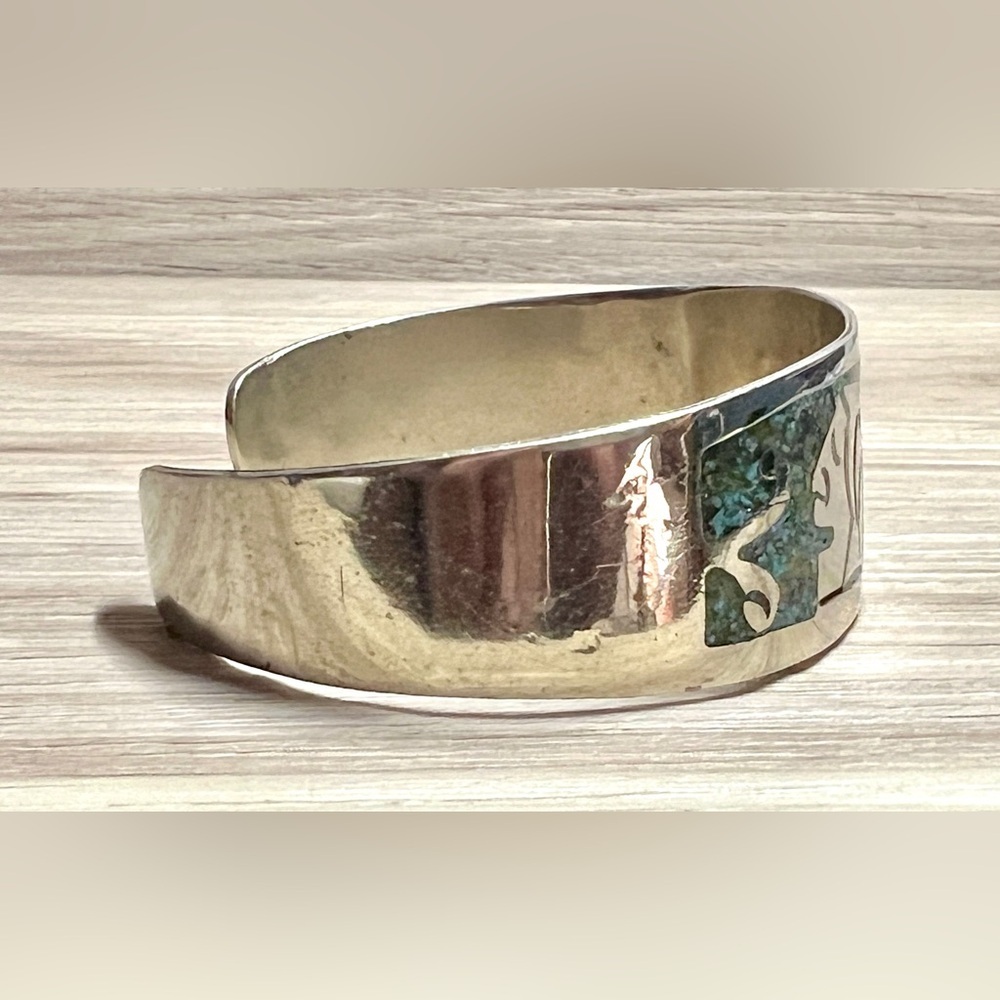 Vintage Stamped (Hecho En Mexico) Silver Crushed Turquoise Inlay Cuff Bracelet - Picture 5 of 6